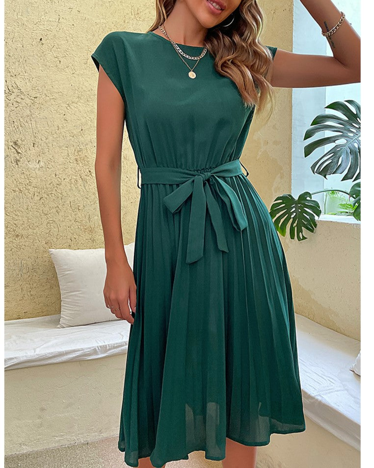 Cap Sleeve Pleated Skirt Tie Waist Dress - Dark Green - 1