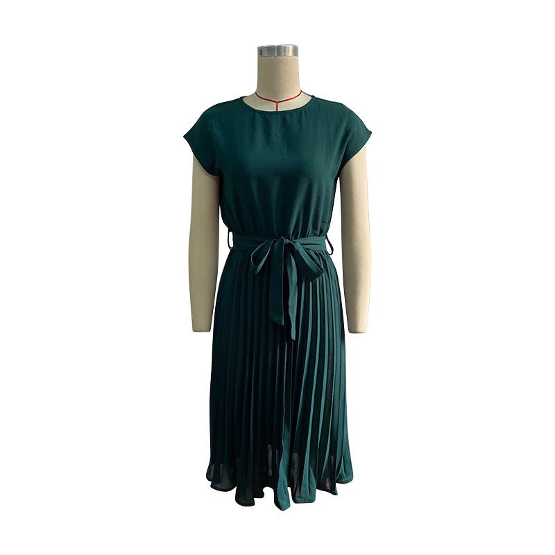 Cap Sleeve Pleated Skirt Tie Waist Dress - Dark Green - 2