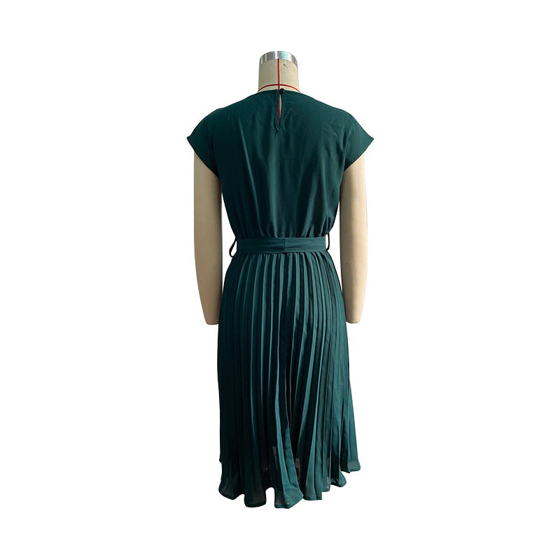 Cap Sleeve Pleated Skirt Tie Waist Dress - Dark Green - 3