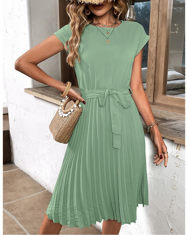 Cap Sleeve Pleated Skirt Tie Waist Dress - Mint Green - 1