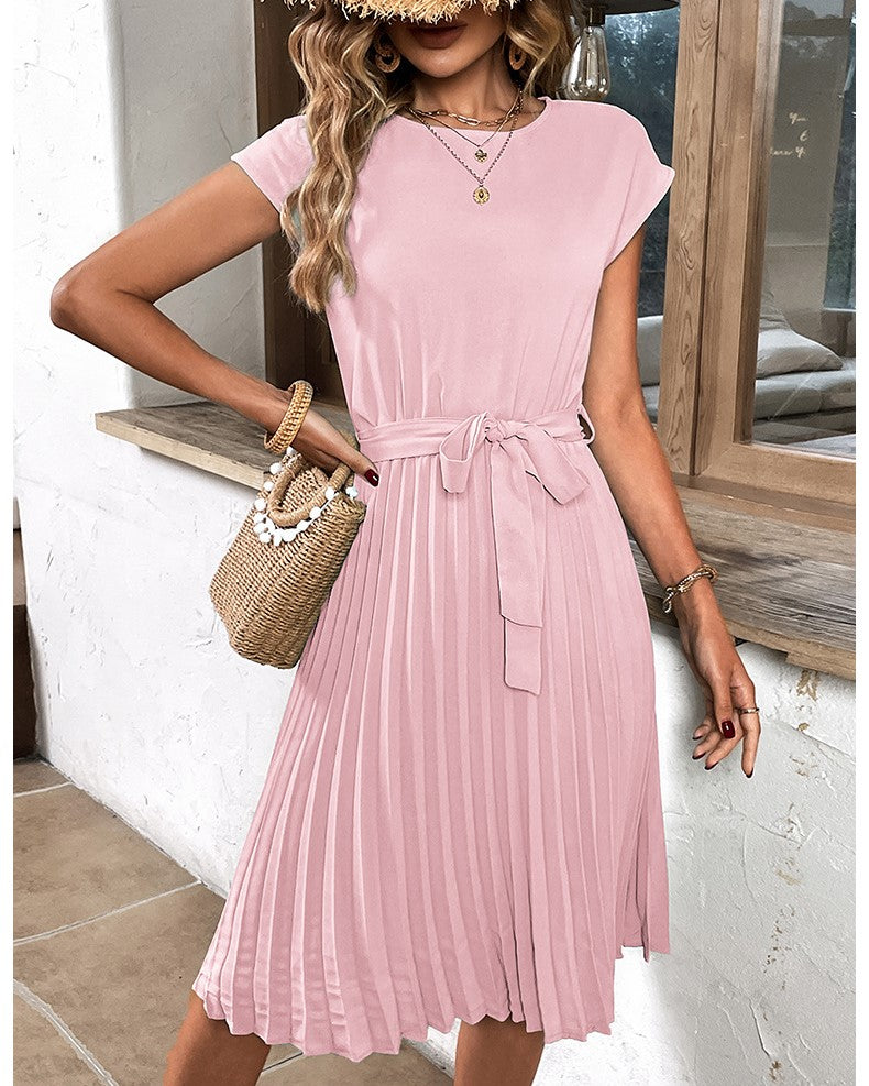 Cap Sleeve Pleated Skirt Tie Waist Dress - Pink - 1
