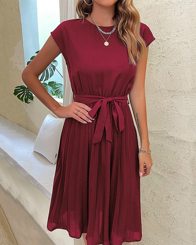 Cap Sleeve Pleated Skirt Tie Waist Dress - Wine Red