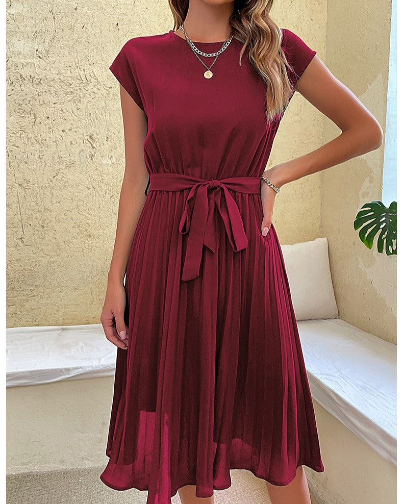 Cap Sleeve Pleated Skirt Tie Waist Dress - Wine Red - 1