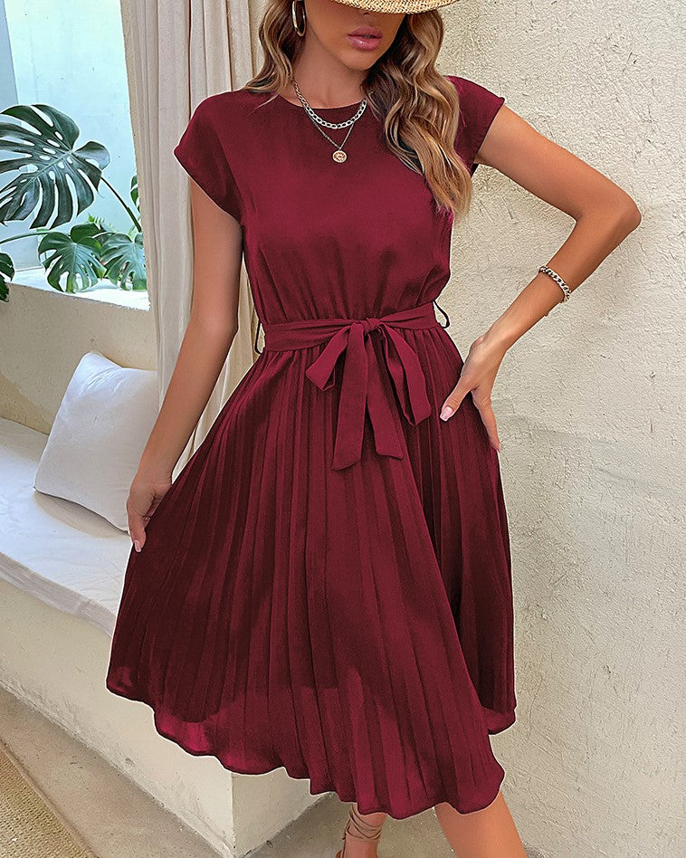 Cap Sleeve Pleated Skirt Tie Waist Dress - Wine Red - 2