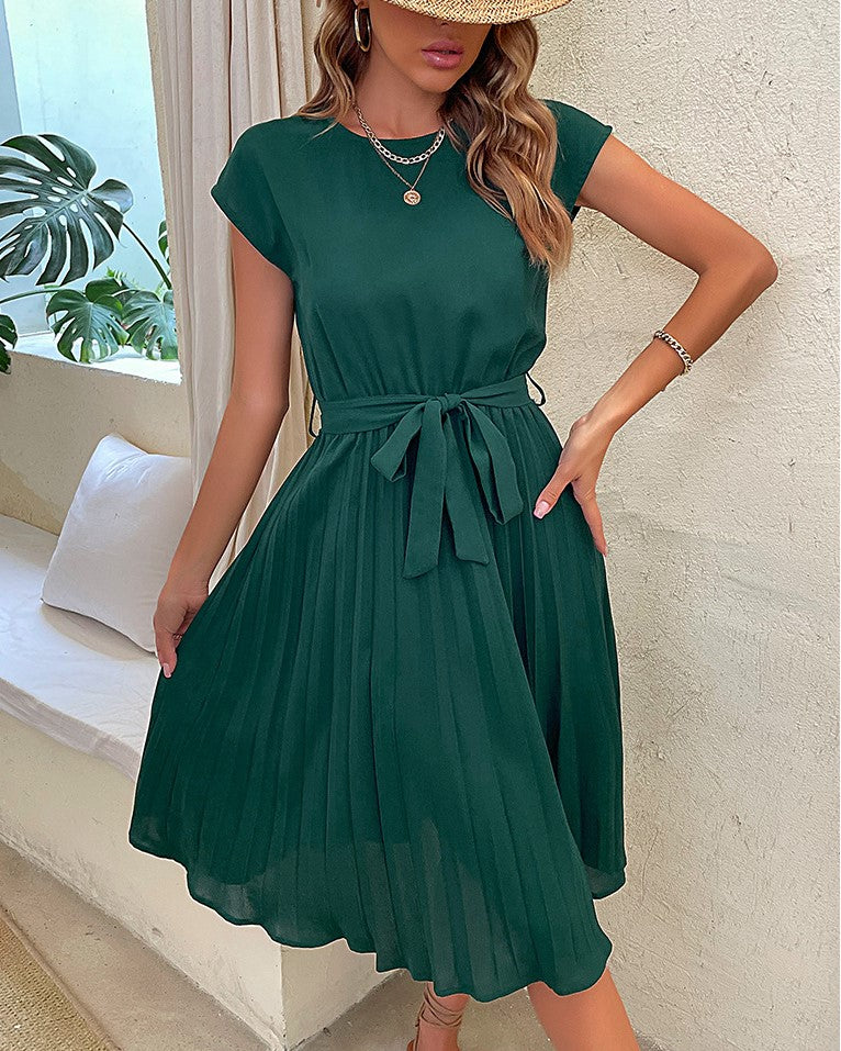Cap Sleeve Pleated Skirt Tie Waist Dress