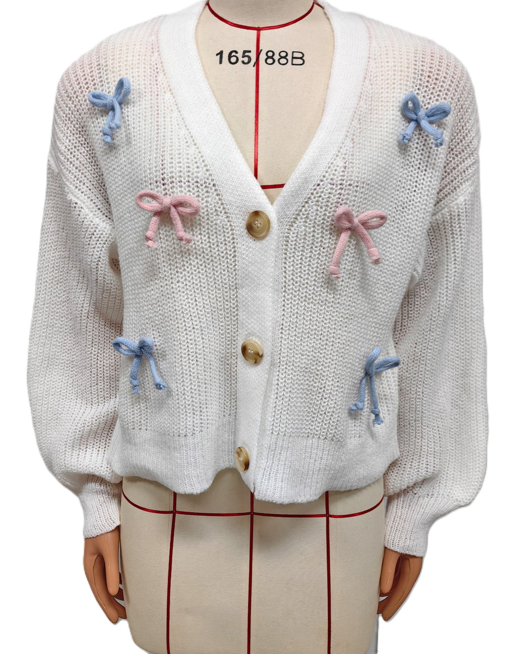 Cropped Bow Applique V-Neck Knit Cardigan - White - 1