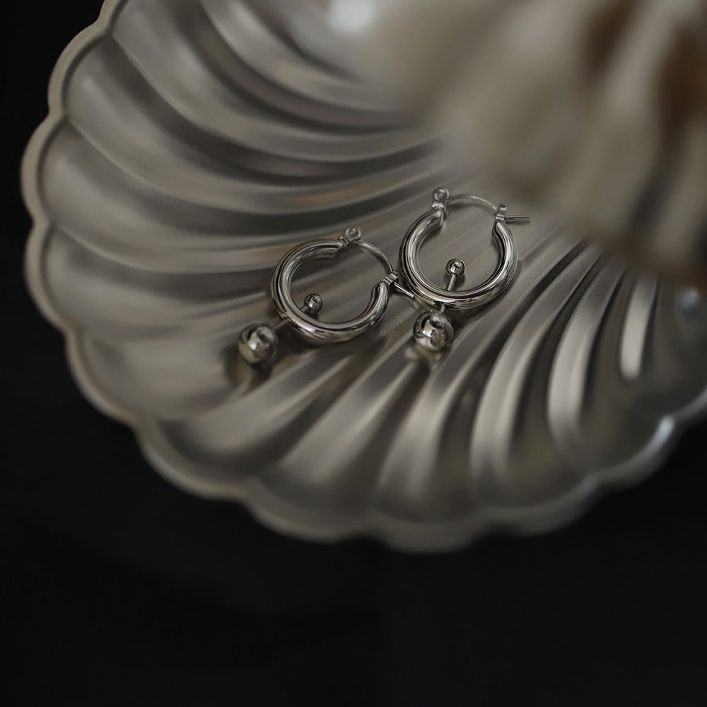 Chunky Hoop Earrings With Ball Drop - Silvery - 1