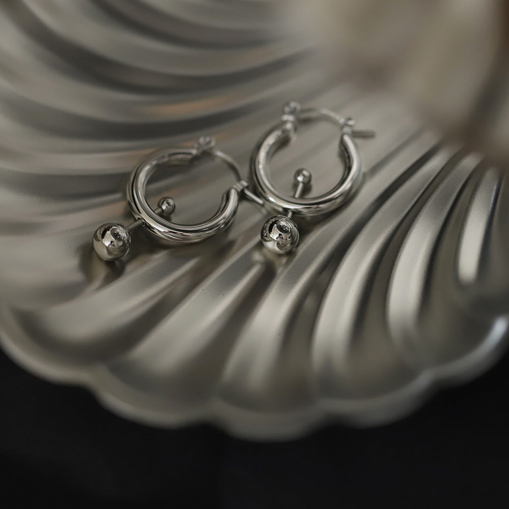 Chunky Hoop Earrings With Ball Drop - Silvery - 2