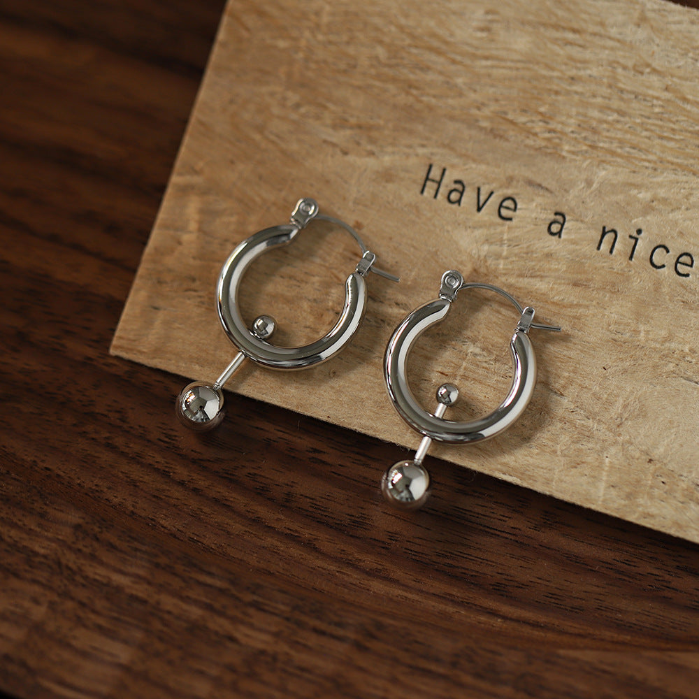 Chunky Hoop Earrings With Ball Drop - Silvery - 3