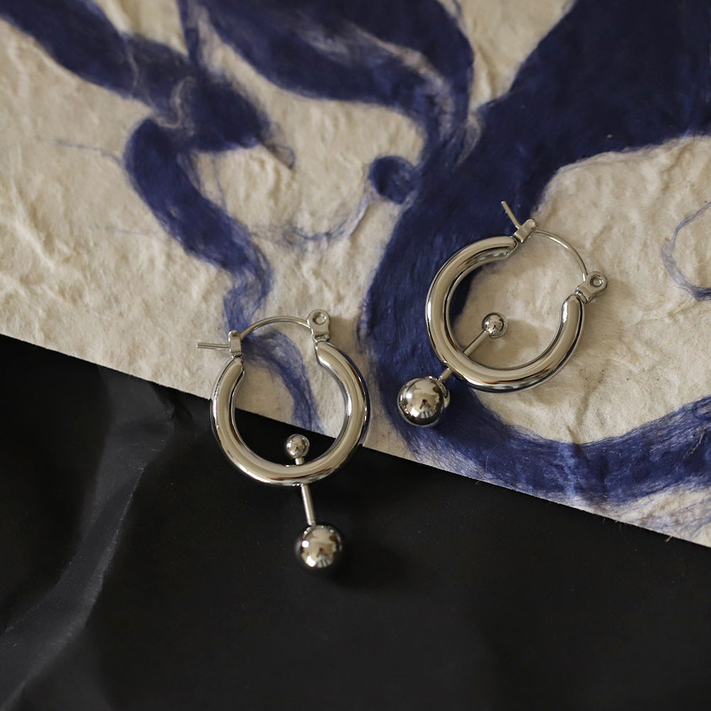 Chunky Hoop Earrings With Ball Drop - Silvery - 4