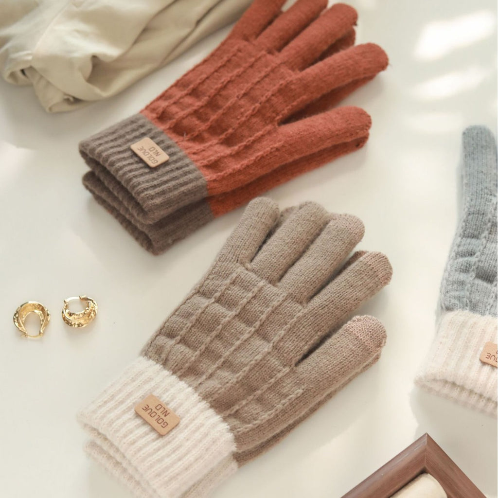 Contrast Cuff Knit Touchscreen Gloves - Caramel - 2
