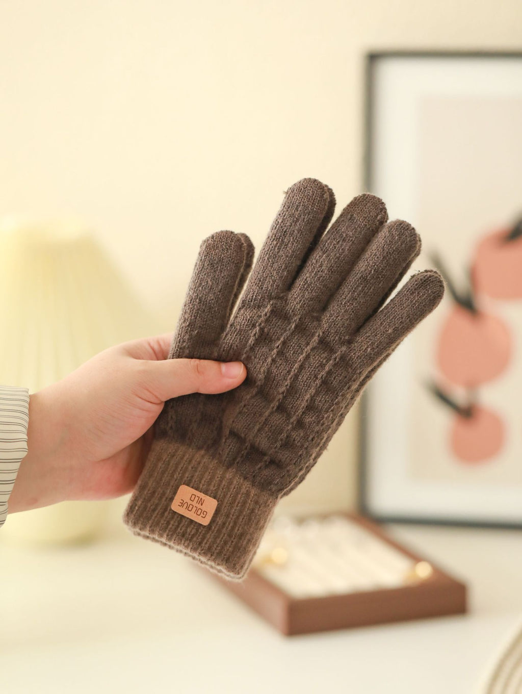Contrast Cuff Knit Touchscreen Gloves - Coffee