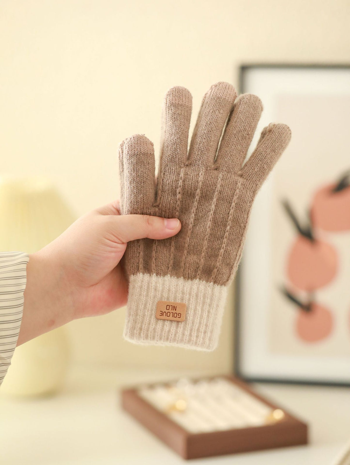 Contrast Cuff Knit Touchscreen Gloves - Khaki