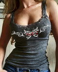 Ribbed Tank Top With Scroll Graphic Lace Trim - Gray