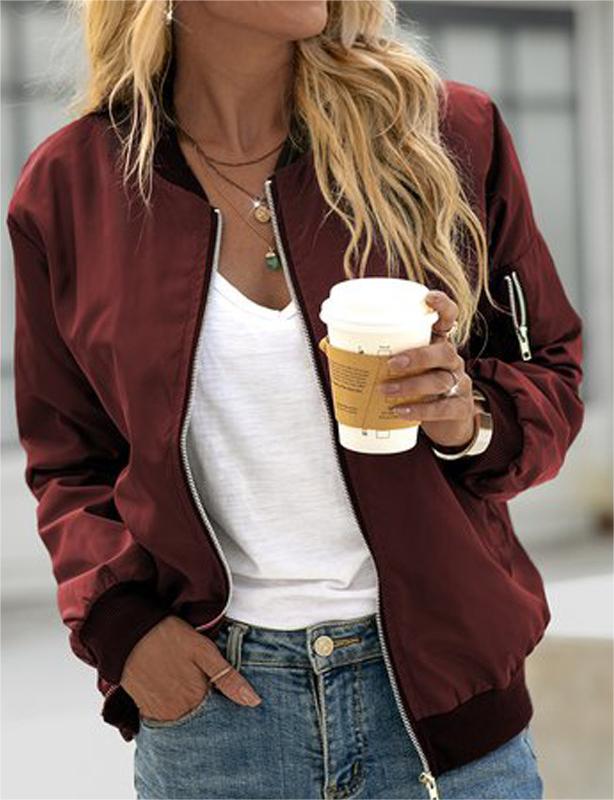 Ribbed Trim Zip Up Bomber Jacket - Wine_red