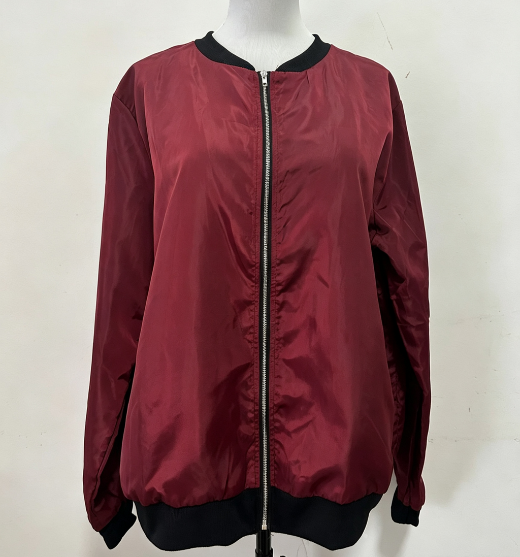 Ribbed Trim Zip Up Bomber Jacket - Wine_red - 1