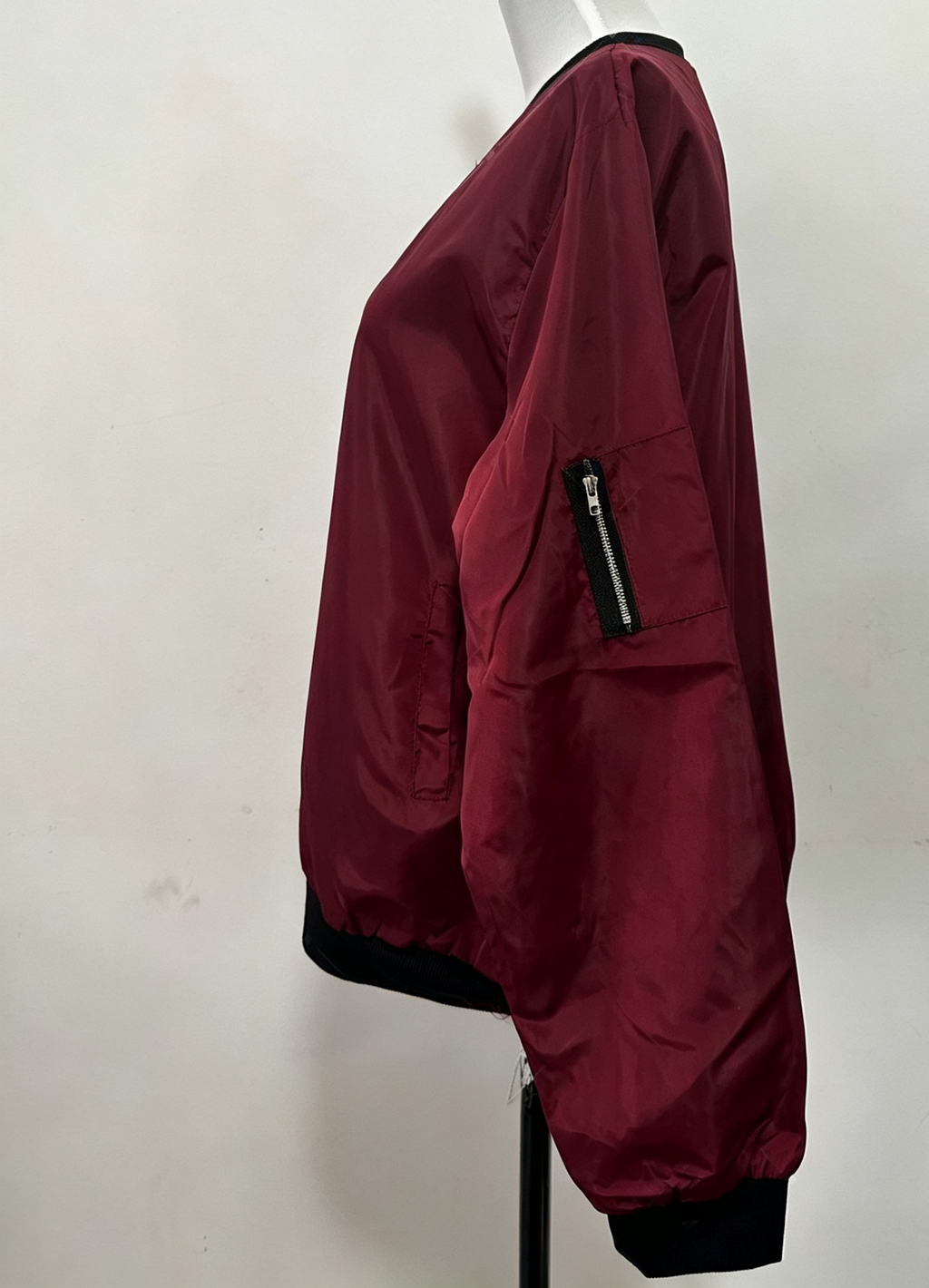 Ribbed Trim Zip Up Bomber Jacket - Wine_red - 2