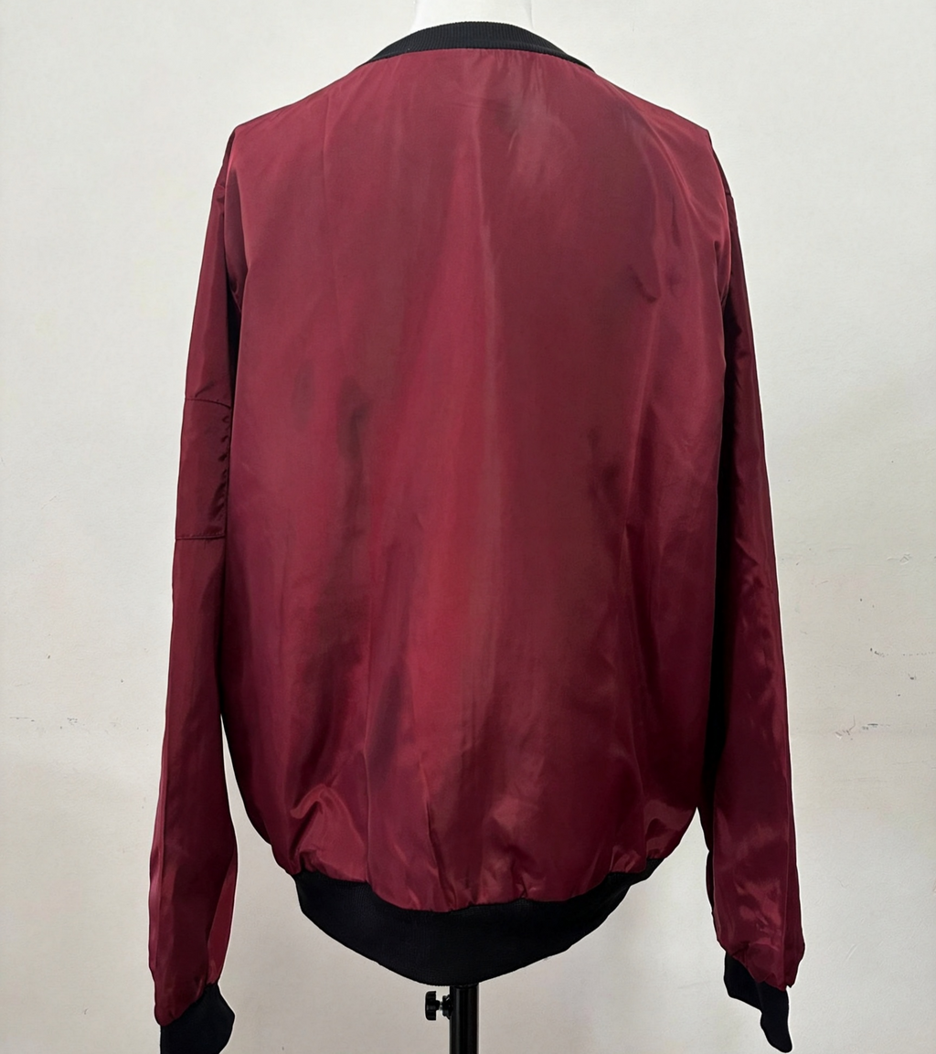 Ribbed Trim Zip Up Bomber Jacket - Wine_red - 3