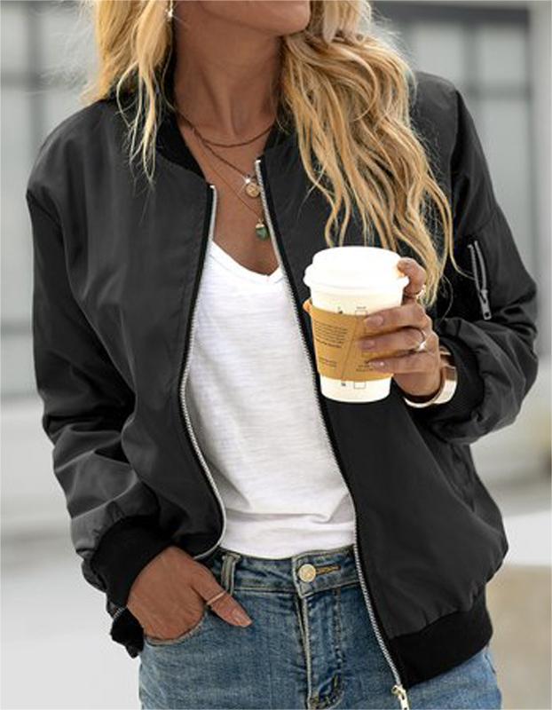 Ribbed Trim Zip Up Bomber Jacket - black
