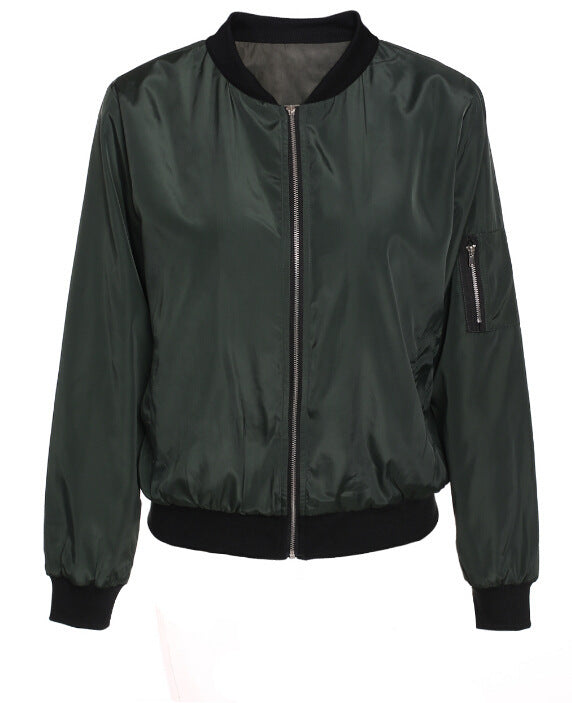 Ribbed Trim Zip Up Bomber Jacket - green