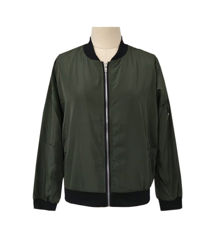 Ribbed Trim Zip Up Bomber Jacket - green - 1