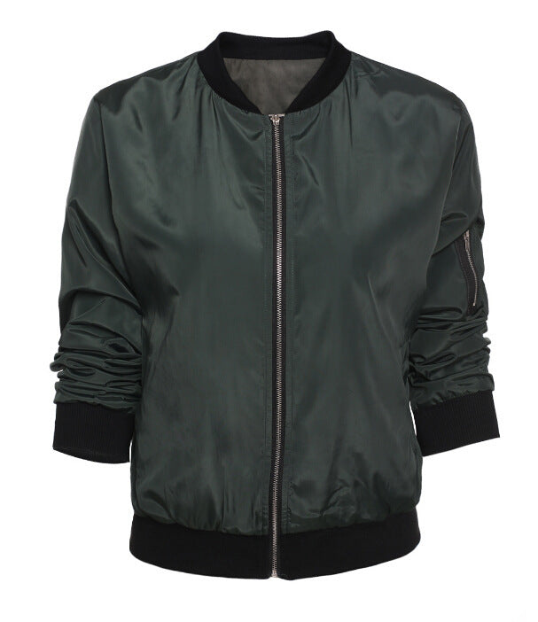 Ribbed Trim Zip Up Bomber Jacket - green - 2