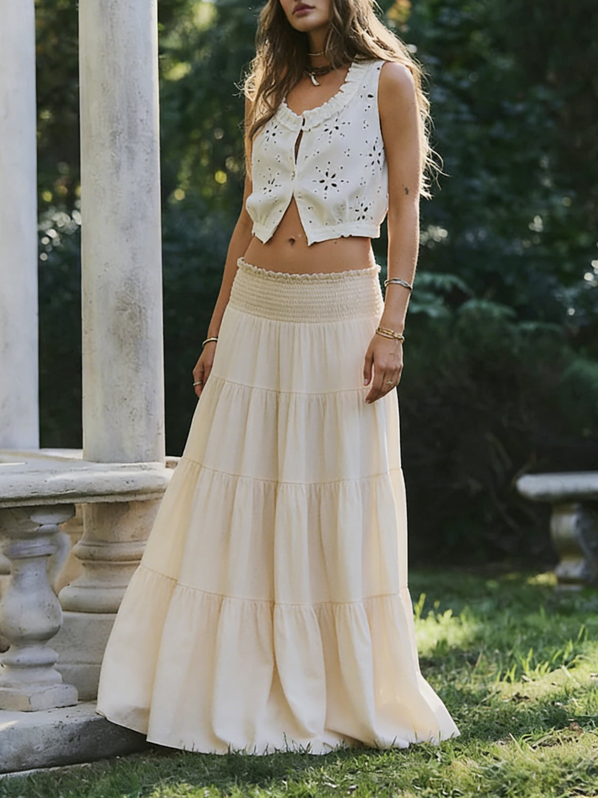 Tiered High Waist Flowy Maxi Skirt - Beige