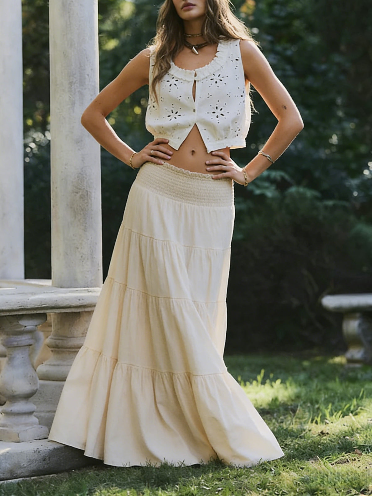 Tiered High Waist Flowy Maxi Skirt - Beige - 1