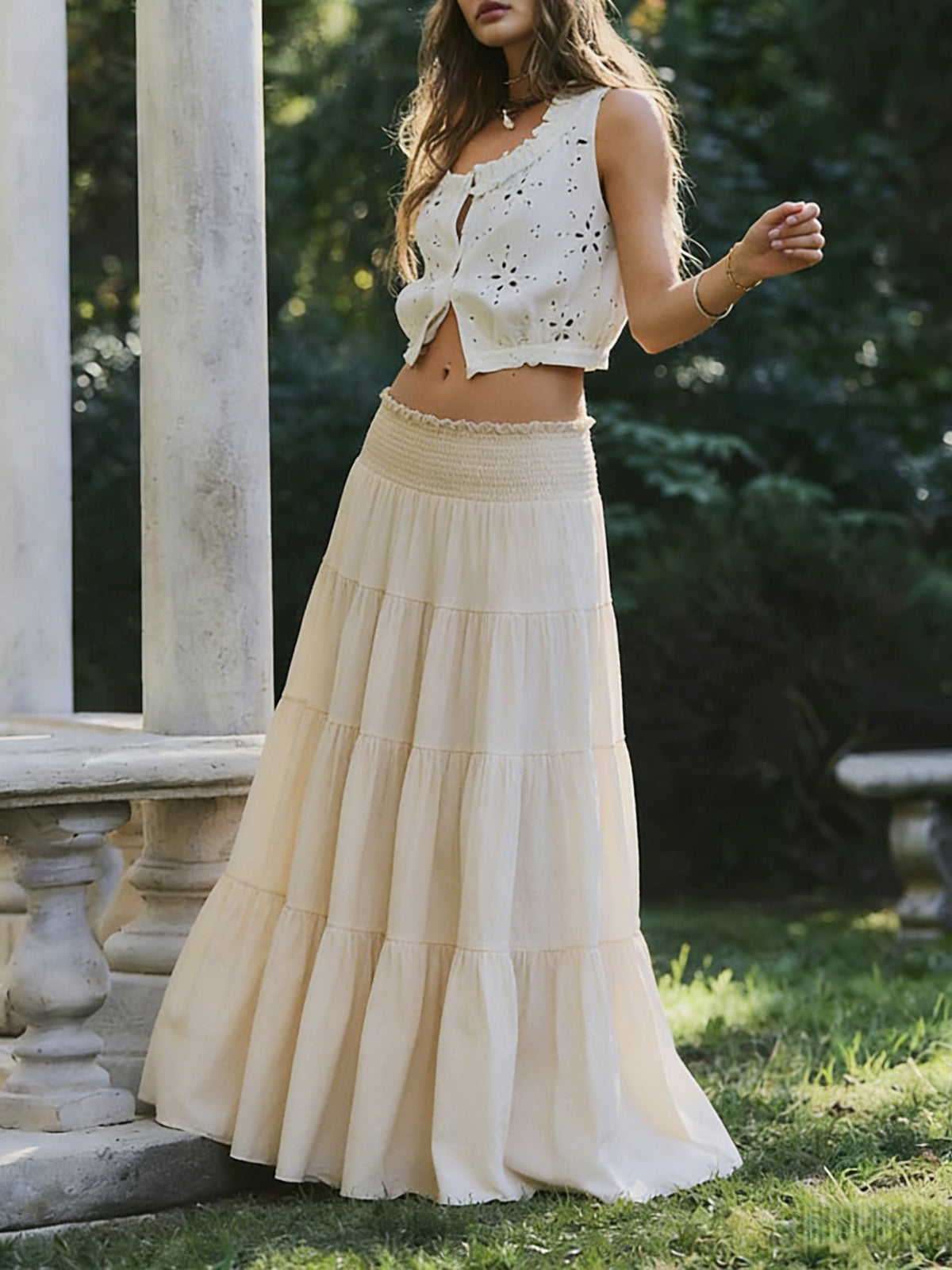 Tiered High Waist Flowy Maxi Skirt - Beige - 2