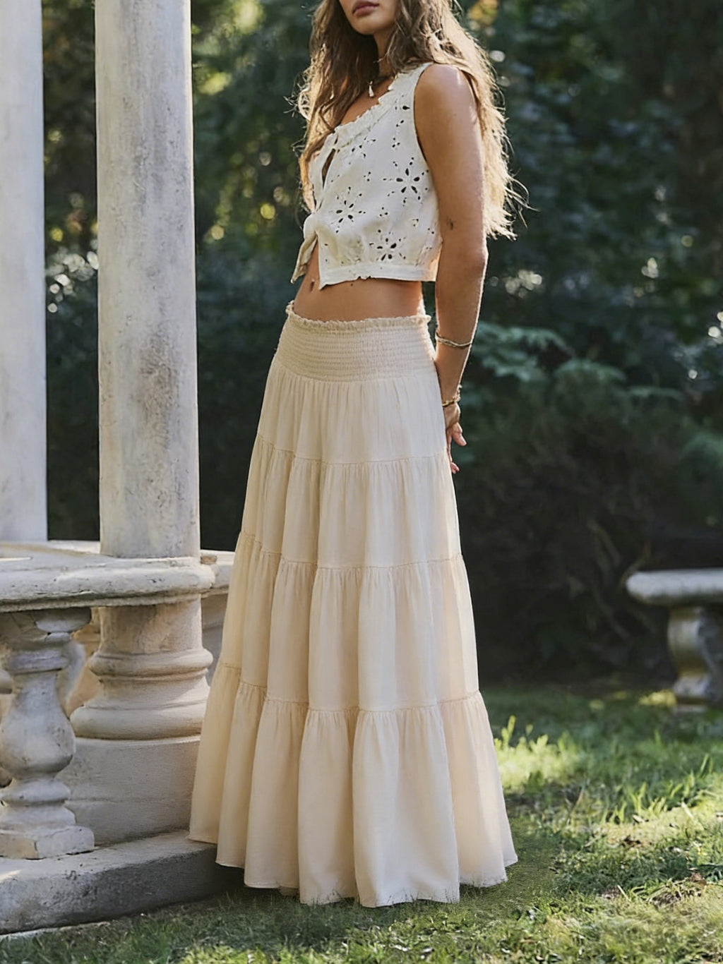 Tiered High Waist Flowy Maxi Skirt - Beige - 3