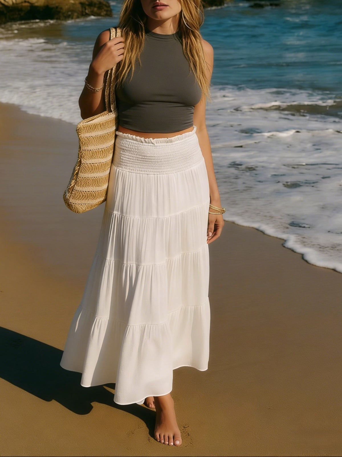 Tiered High Waist Flowy Maxi Skirt - White
