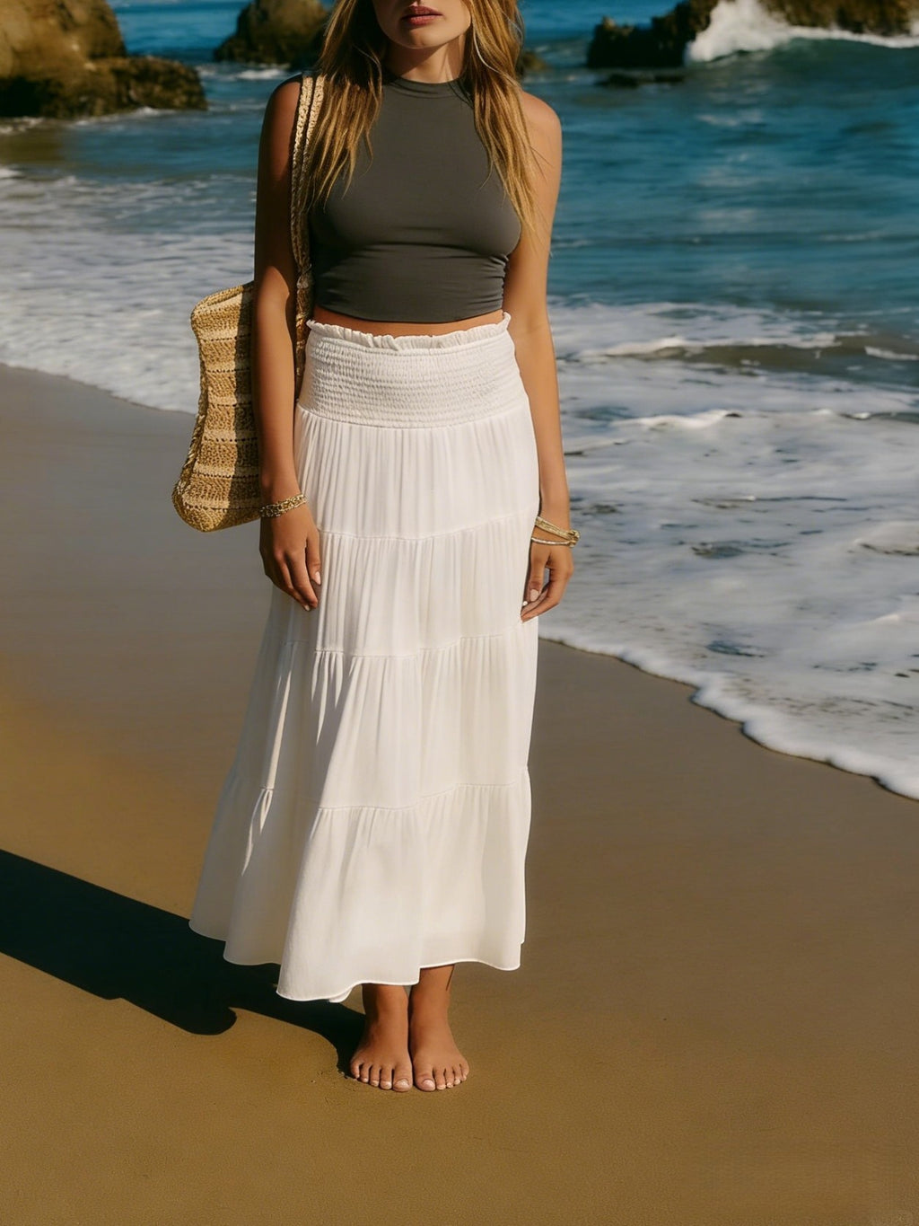 Tiered High Waist Flowy Maxi Skirt - White - 3