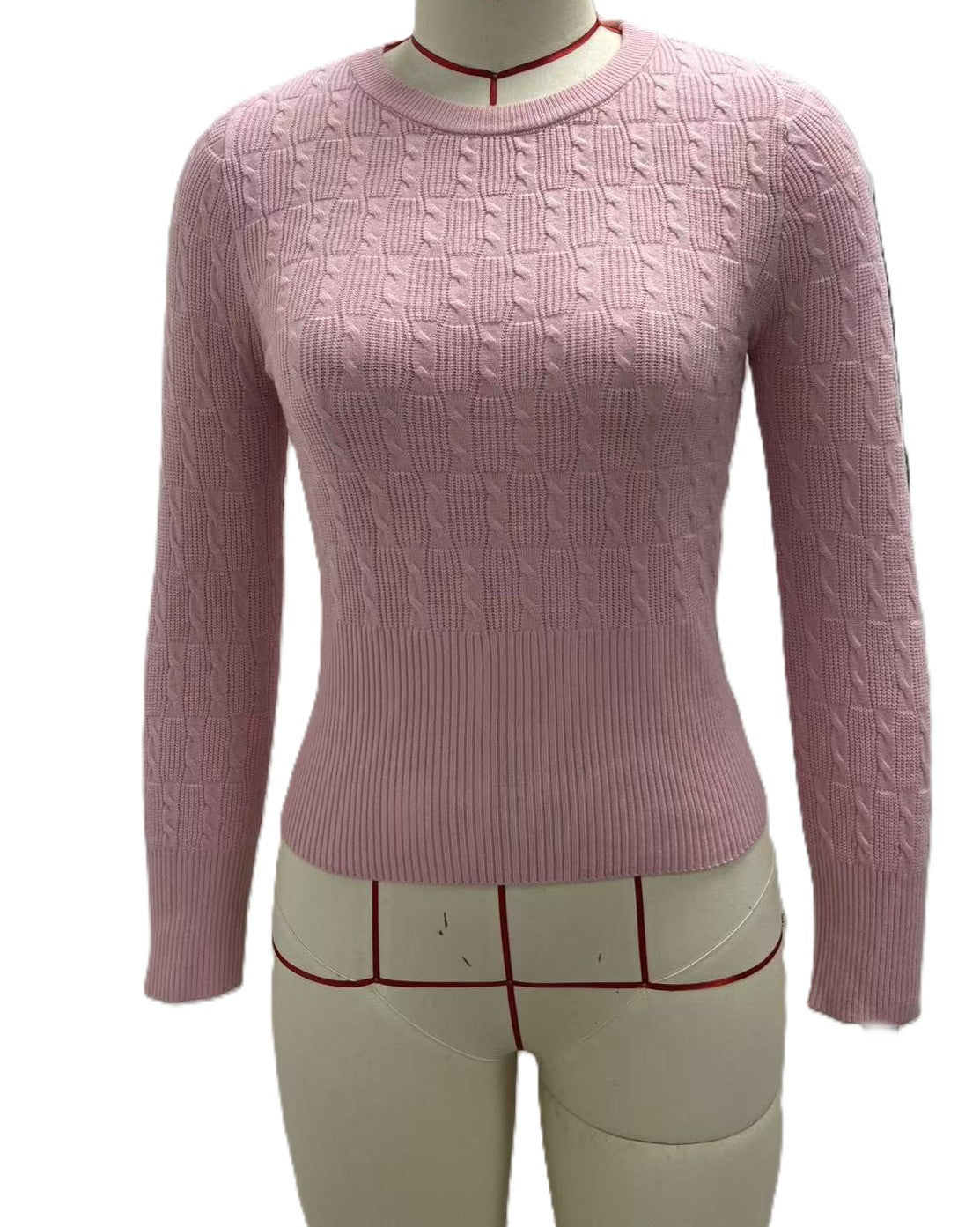 Fitted Cable Knit Sweater With Ribbed Waistband - Pink