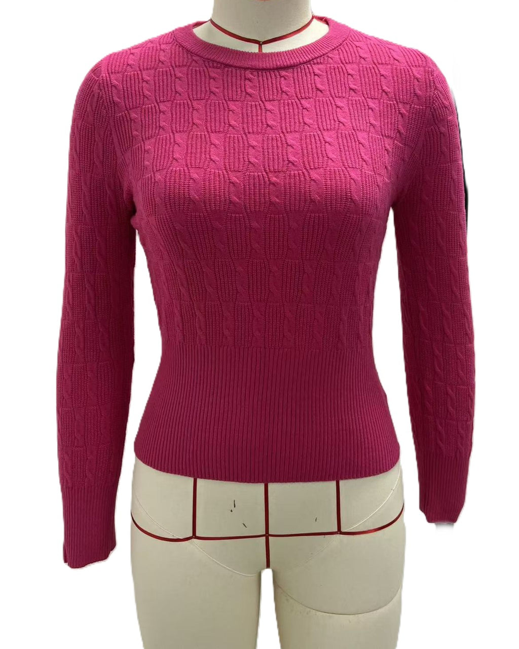 Fitted Cable Knit Sweater With Ribbed Waistband - RoseRed