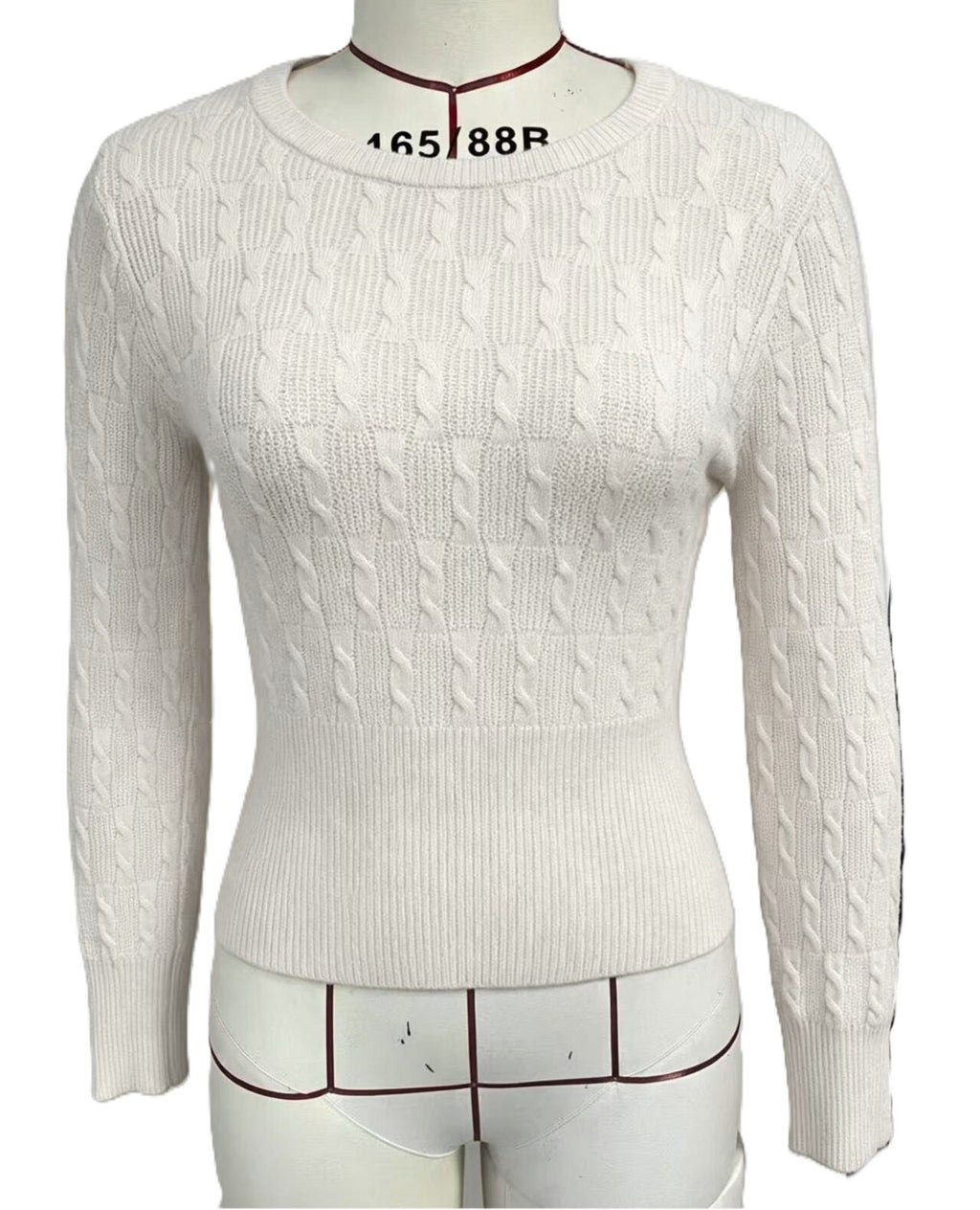 Fitted Cable Knit Sweater With Ribbed Waistband - White - 1