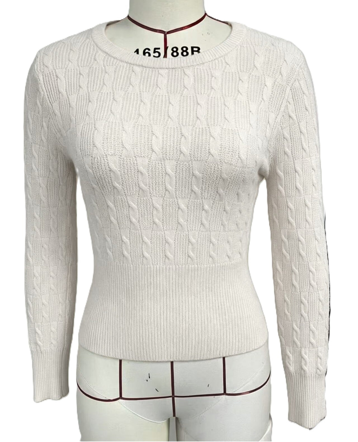 Fitted Cable Knit Sweater With Ribbed Waistband - White - 1