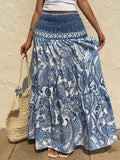 Paisley Print Smocked Waist Maxi Skirt - Blue