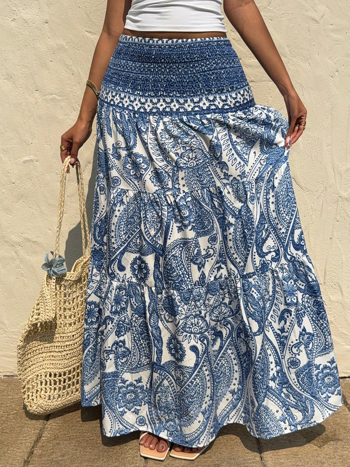 Paisley Print Smocked Waist Maxi Skirt - Blue