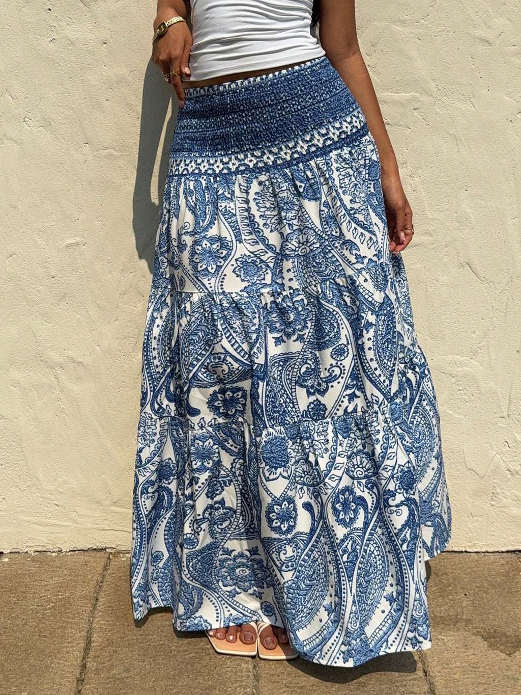 Paisley Print Smocked Waist Maxi Skirt - Blue - 1
