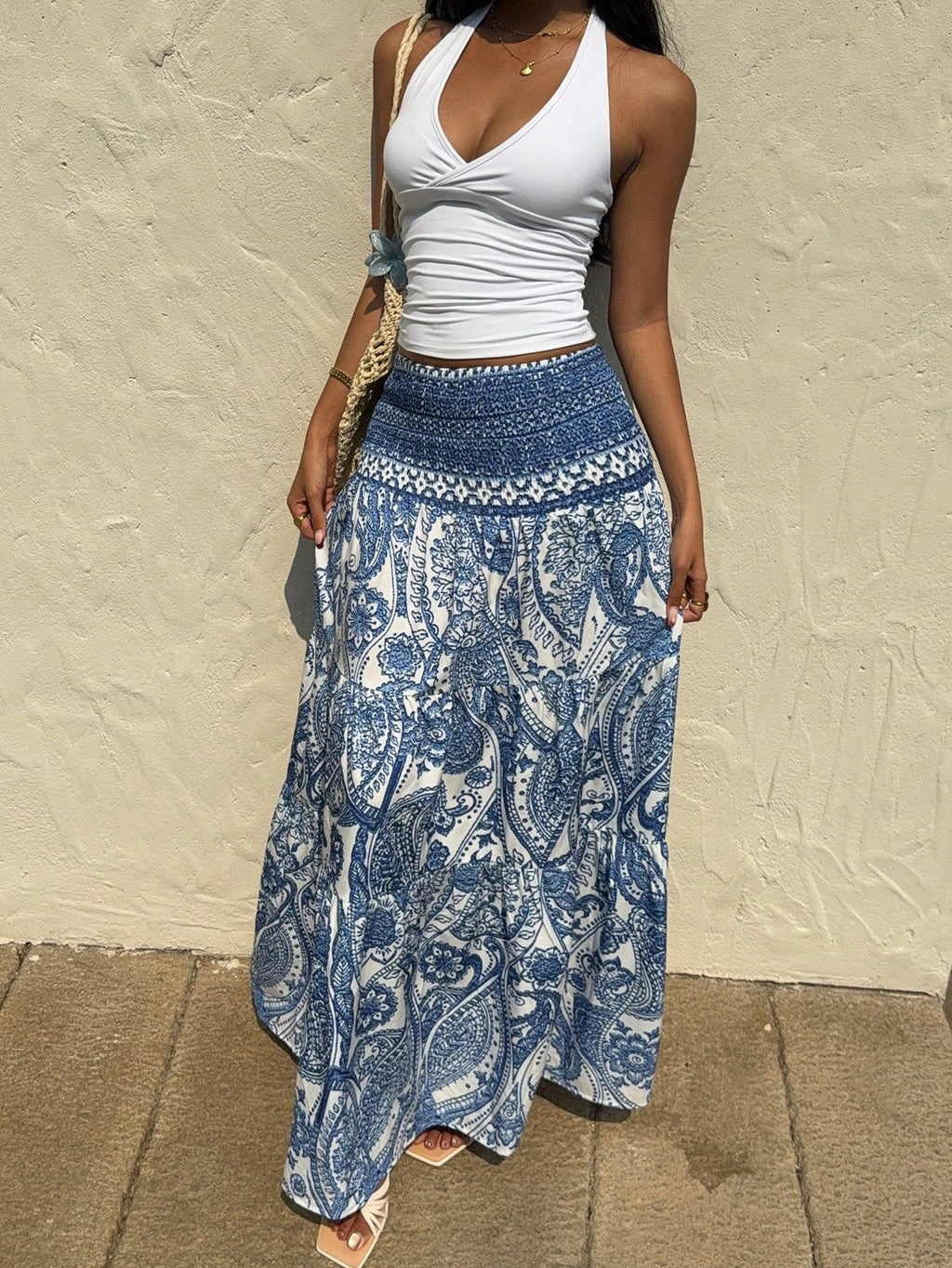 Paisley Print Smocked Waist Maxi Skirt - Blue - 3
