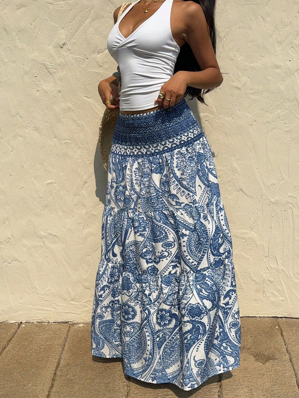 Paisley Print Smocked Waist Maxi Skirt - Blue - 4
