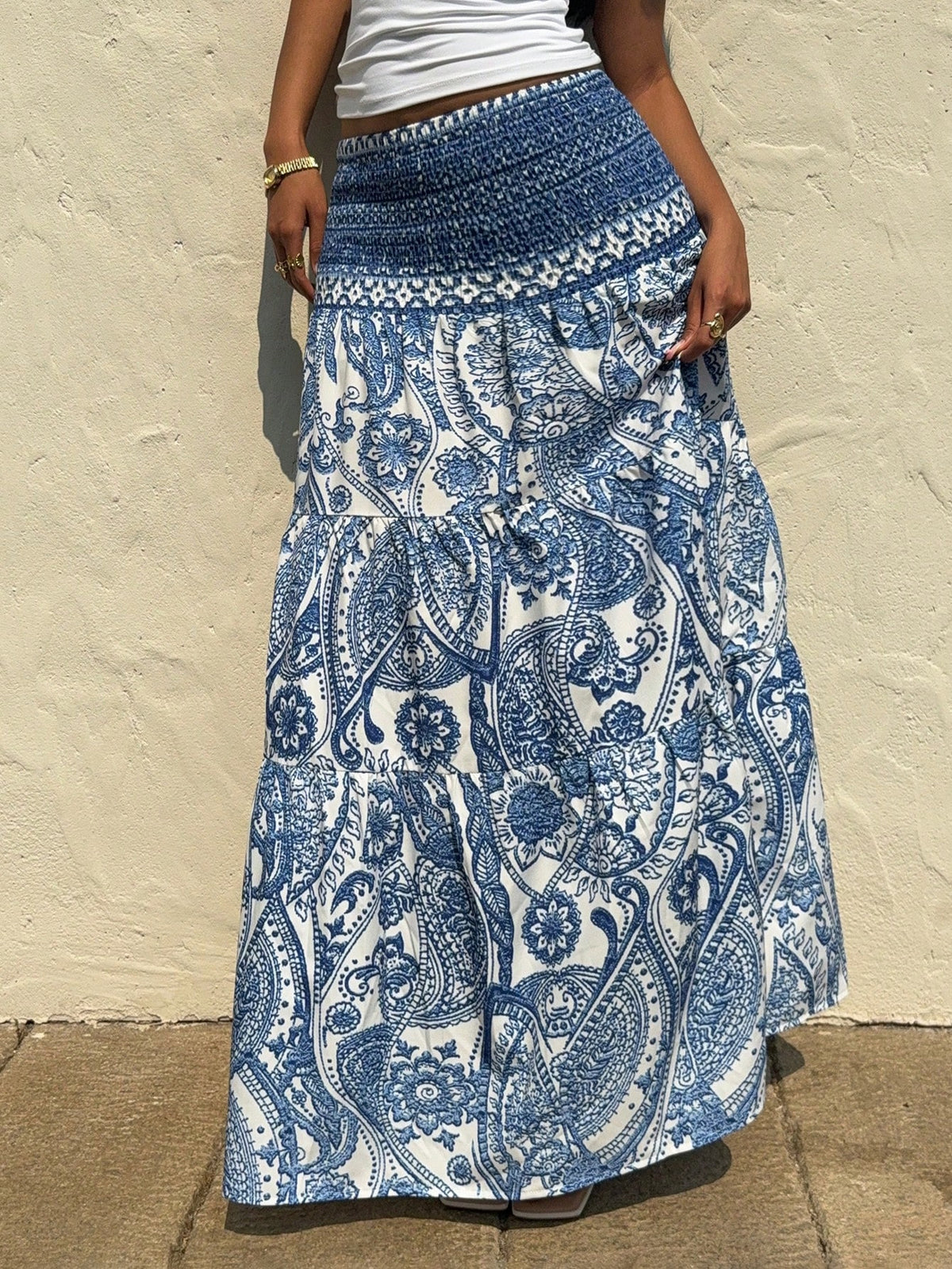 Paisley Print Smocked Waist Maxi Skirt - Blue - 5