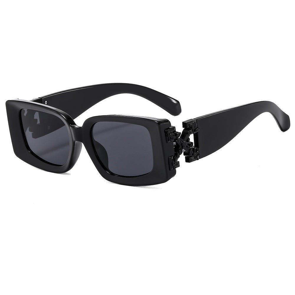 Bold Rectangle Sunglasses With Metal Hinge - Black