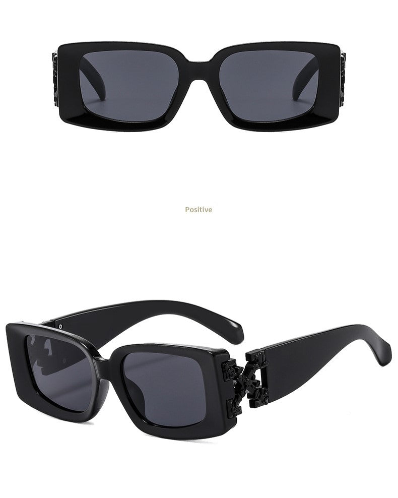 Bold Rectangle Sunglasses With Metal Hinge - Black - 1
