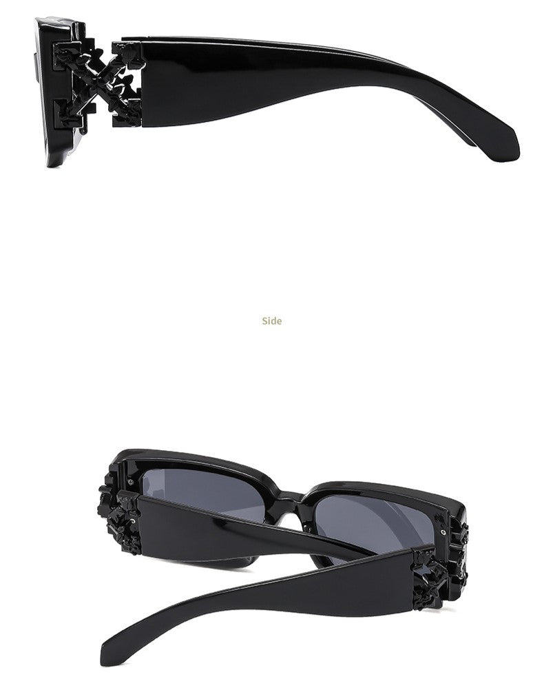 Bold Rectangle Sunglasses With Metal Hinge - Black - 2