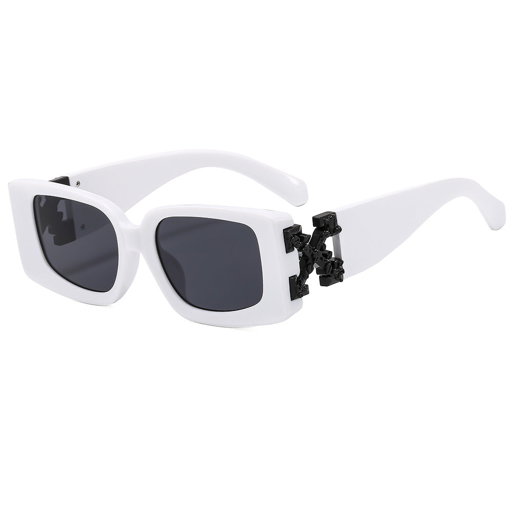 Bold Rectangle Sunglasses With Metal Hinge - White
