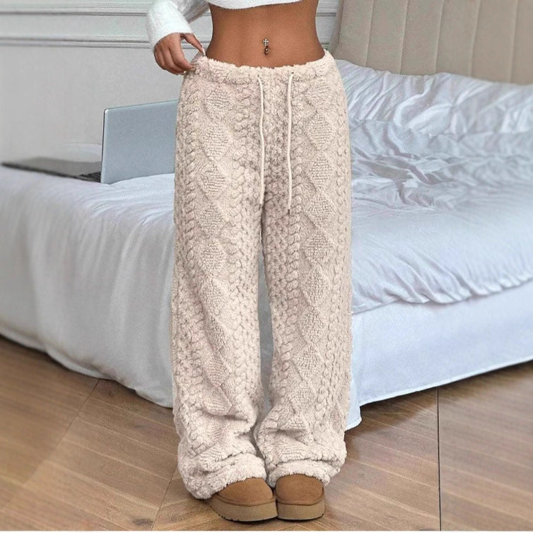 Printed Plush Wide Leg Lounge Pants - Apricot