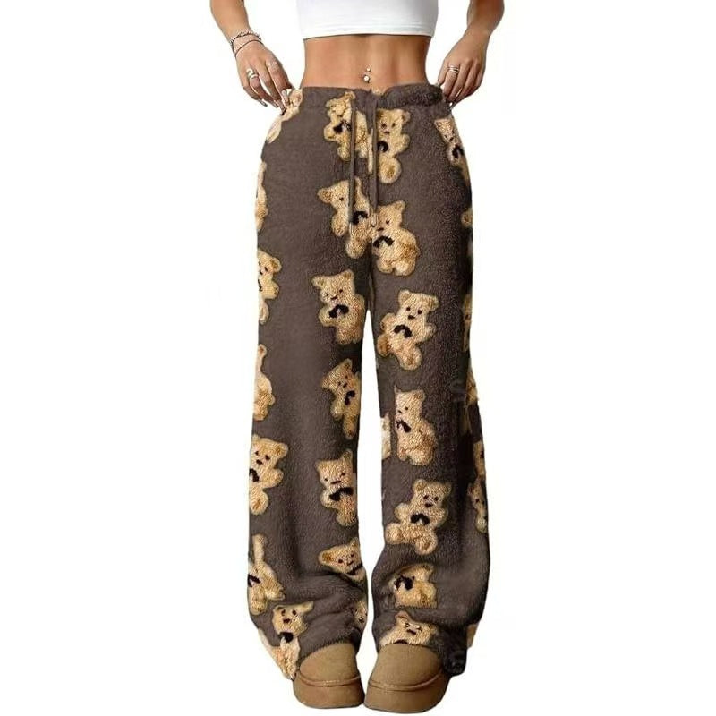 Printed Plush Wide Leg Lounge Pants - Bear_Brown