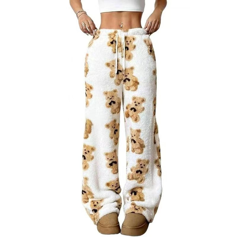 Printed Plush Wide Leg Lounge Pants - Bear_White