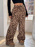 Printed Plush Wide Leg Lounge Pants - Leopard